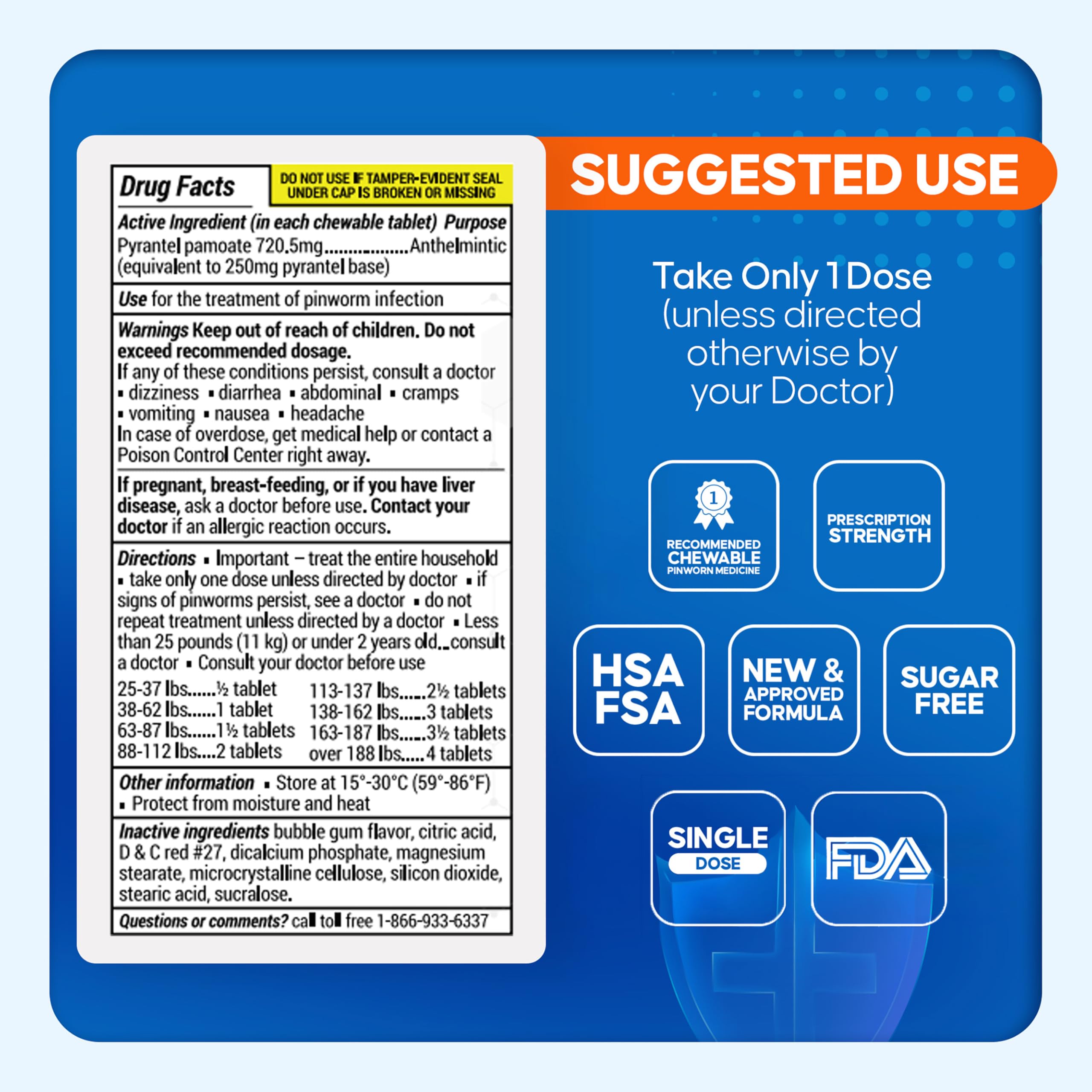 PIN RID - Pinworm Medicine for Family 2+, Bubble Gum Chewable Tablets (12 Doses) - 250mg Pyrantel Pamoate - Single-Dose Parasite Cleanse for Humans - Allergen Free
