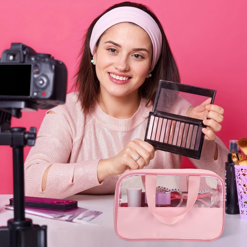9 Pcs Translucent Make up Bag Pink Big Travel Cosmetic Makeup Toiletry Bag with Handle and Zipper Waterproof Portable Cosmetic Travels Bags for Travel Toiletries Accessories, 10.2 x 6.3 x 2.8 Inches