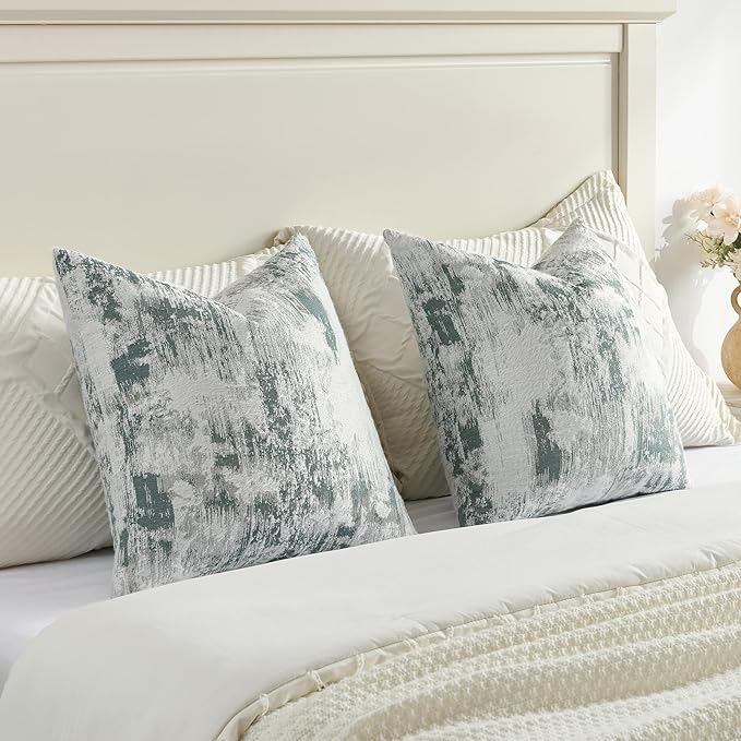 FUTEI Teal White Decorative Throw Pillow Covers 16x16 Inch Set of 2,Soft Faux Cashmere Jacquard - Textured & Cozy Cushion Case,Modern Home Decor for Couch Bed Living Room