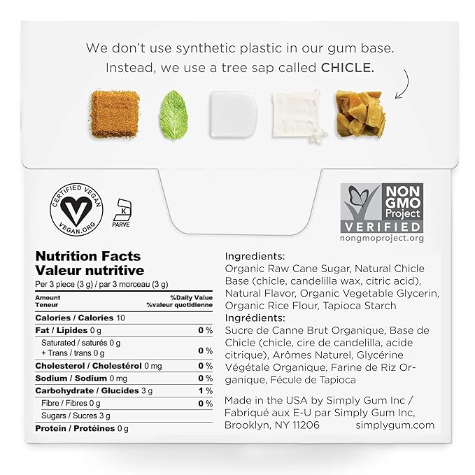 SIMPLY Gum Spearmint, Plastic-Free Natural Chewing Gum, 6 Pack (90 Pieces) | Vegan, Kosher, Non GMO, Aspartame Free and Sorbitol Free