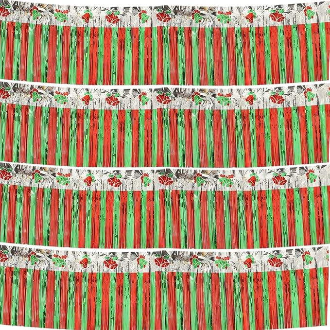 4 Packs 10 Feet Long Foil Fringe Christmas Garland Red Green Silver Tinsel Metallic Streamers Bells Wall Hanging Banner for Car Parade Floats Table Skirts Indoor Xmas Party Decorations
