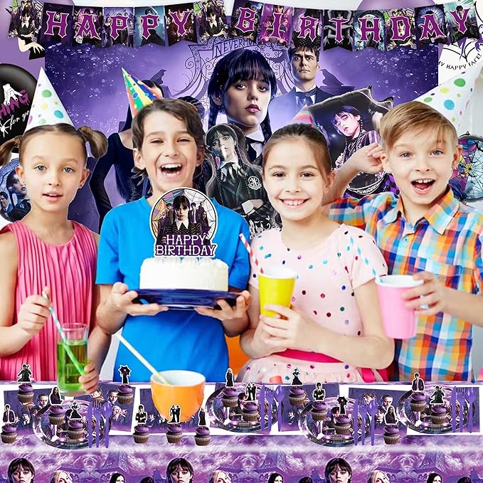 Wednesday Inspire Birthday Party Decorations, Wednesday Inspire Party Supplies Set Include Banner, Backdrop, Foil Latex Balloons, Tablecloth, Cake Toppers, Tableware