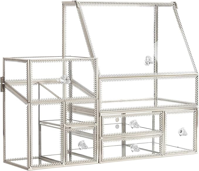 Glass Makeup Organizer for Vanity/Stackable 2Pieces Drawer Set/Antique Countertop Vanity Cosmetic Storage Box Mirror Glass Beauty Display, Holder for Brushes Lipsticks Skincare Toner (Silver)