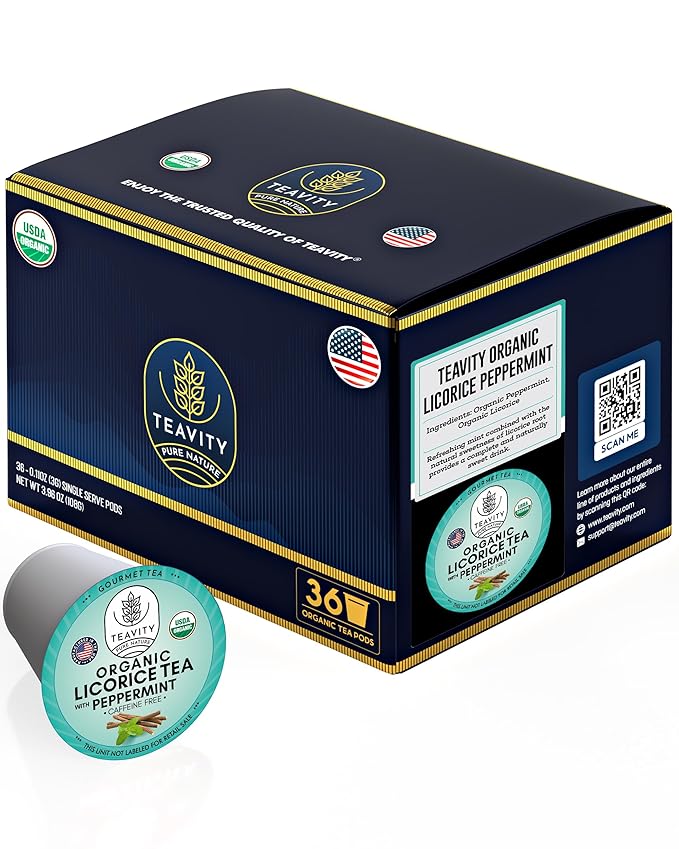 Organic Licorice Mint Tea Pods for Keurig - Natural Decaf Peppermint Tea by Teavity (36 Tea Pods)