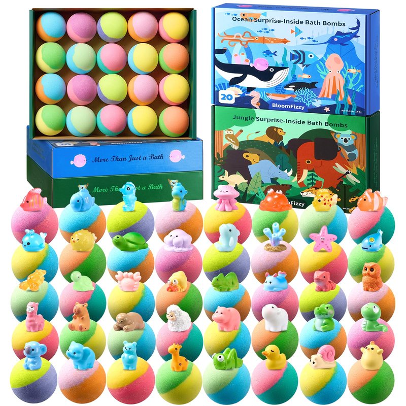 40 Kids Bath Bombs with Surprise Inside, Ocean & Jungle Animal Toys Gift Set with Natural Child-Safe Ingredients, Travel-Friendly Bath Bombs for Boys and Girls, Great for Birthdays, Christmas & Easter
