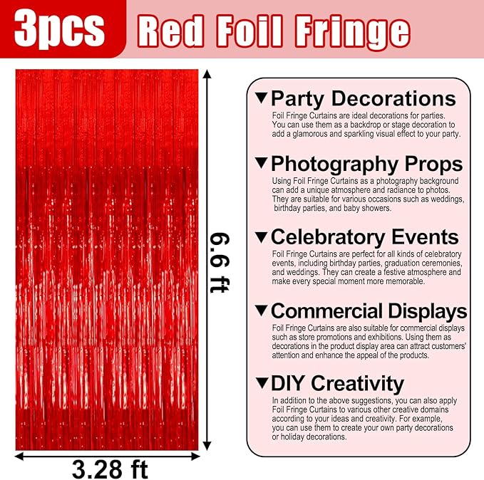 3 Pack Red Foil Fringe Curtain Backdrop, 3.28Ft x 6.6Ft Metallic Tinsel Foil Fringe Streamer Curtains for Photo Booth, Christmas Day, Thanksgiving, Wedding, New Year Party Decorations