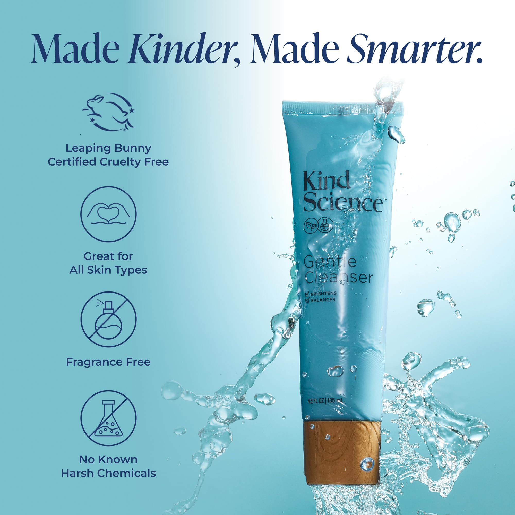 Kind Science Gentle Face Cleanser - Face Wash for Women & Makeup Remover with Vitamin C - Facial Cleanser for Dry Skin - Paraben, Dye & Fragrance Free, Cruelty Free, 4.5 fl oz