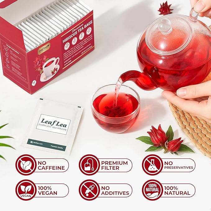 LeafLea Hibiscus Tea Bags – 240 Count, Individually Wrapped, 100% Natural Hibiscus Flower Herbal Tea, Caffeine-Free, Sugar-Free, Non-GMO, Rich in Flavor & Color, Te de Hibisco, Jamaica Tea (Pack of 6)