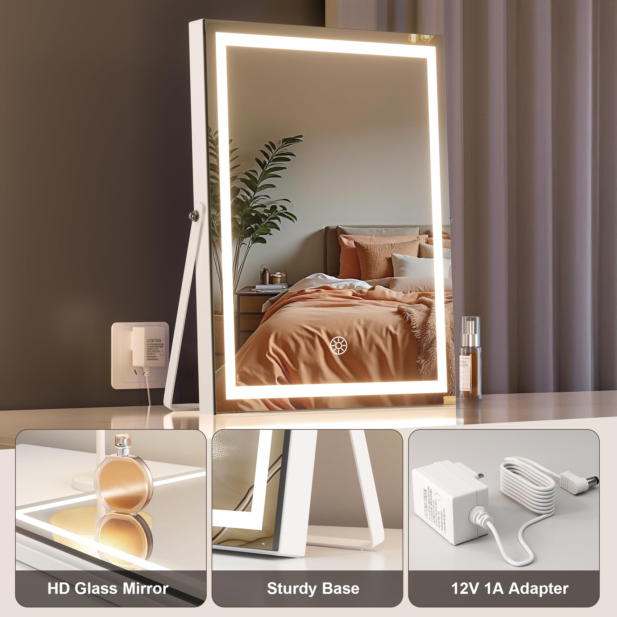 MINISO Vanity Mirror with Lights, 9.8" x 11.8" LED Makeup Mirror, Light & Brightness Adjustment, Smart Sensor, Aluminum Alloy Metal White Frame, with 5X Magnifying Glass