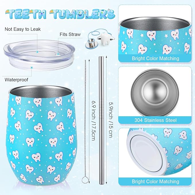 Sliner 4 Pcs Dental Assistant Gifts Set 12 oz Blue Teeth Stainless Steel Tumbler Cosmetic Bag Tooth Shape Keychain Novelty Tooth Sock Dental Hygienist Gifts for Nurse Dentist Christmas Graduation