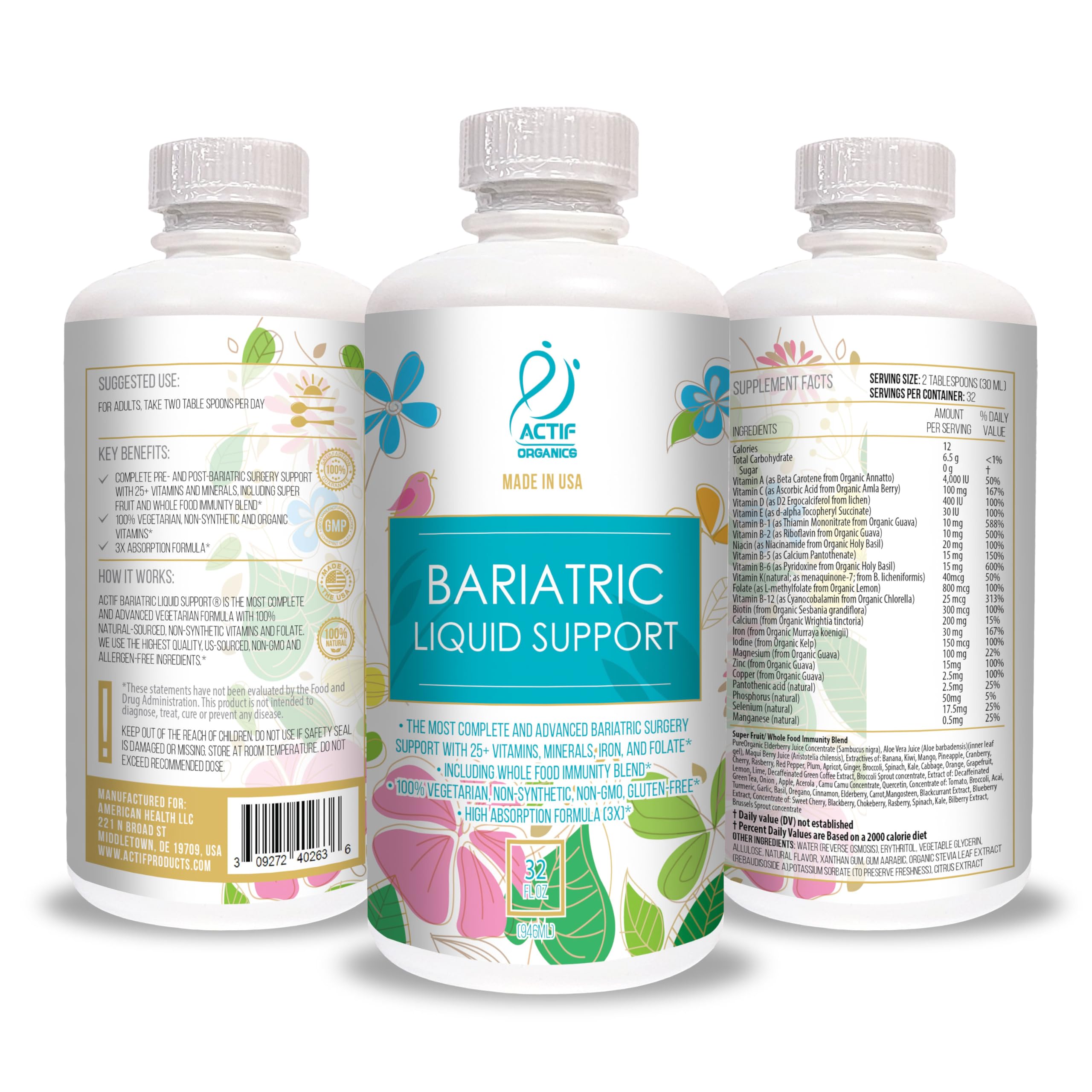 ACTIF Organic Bariatric Liquid Multivitamin with 25+ Organic Vitamins and Minerals for Bariatric Surgery, Advanced Formula - 90 count Pack of