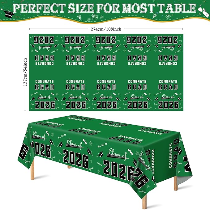 OHOME Class of 2026 Decorations - Graduation Party Decorations 2026 - Disposable Plastic Green Tablecloth for Class of 2026 Decorations Party Favors Supplies Banner,54" X 108",2 Pack