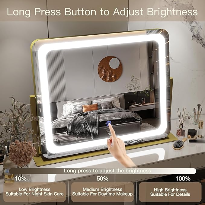 FENNIO Gold Vanity Mirror with Lights 22"x19", LED Lighted Makeup Mirror, Large Makeup Mirror, Make up Mirror with Lighting,Touch Screen with 3-Color Lighting,Dimmable,for Vanity Desk Tabletop
