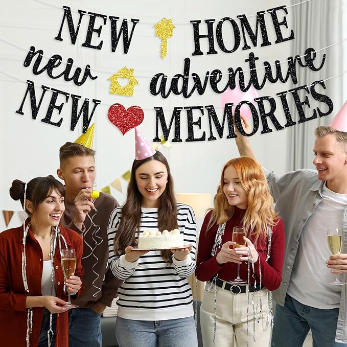 New Home New Adventure New Memories Banner, Welcome Home/Housewarming Party Backdrop, New House Who Dis, Housewarming/Family Reunion Party Bunting Sign, Black Glitter
