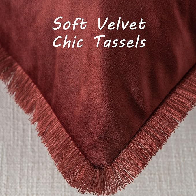 FUTEI Burgundy Velvet Decorative Throw Pillow Covers 16x16 Set of 2,Soft Cozy Edge with Tassels Cushion Case,Boho Modern Home Decor for Couch Bed Living Room