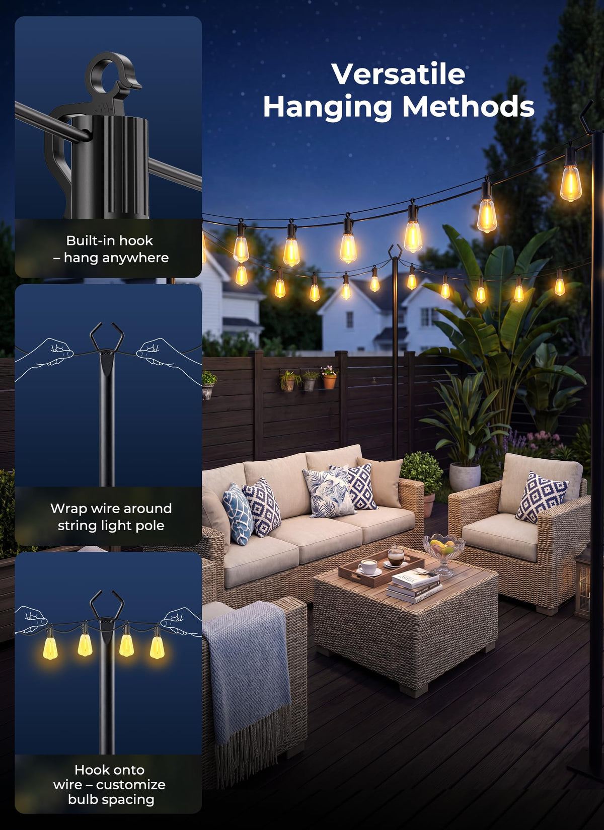 Brightown 52FT Solar String Lights Outdoor Waterproof, Patio Lights with Remote & Timer, USB/Solar Powered Dimmable Outdoor Lights, 15+1 LED Bulbs for Backyard Garden Camping Party - 26Hrs Runtime