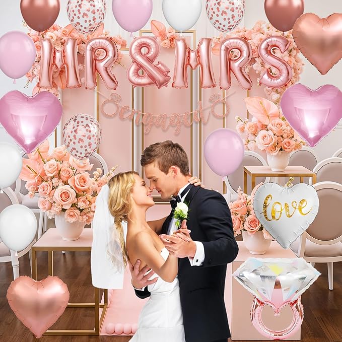 Rose Gold Engagement Party Decorations, MR and MRS Balloons Decor, Pink White Confetti Balloons, Love Heart and Diamond Ring Foil Balloon with Engaged Banner for Wedding Engagement Party Decoration