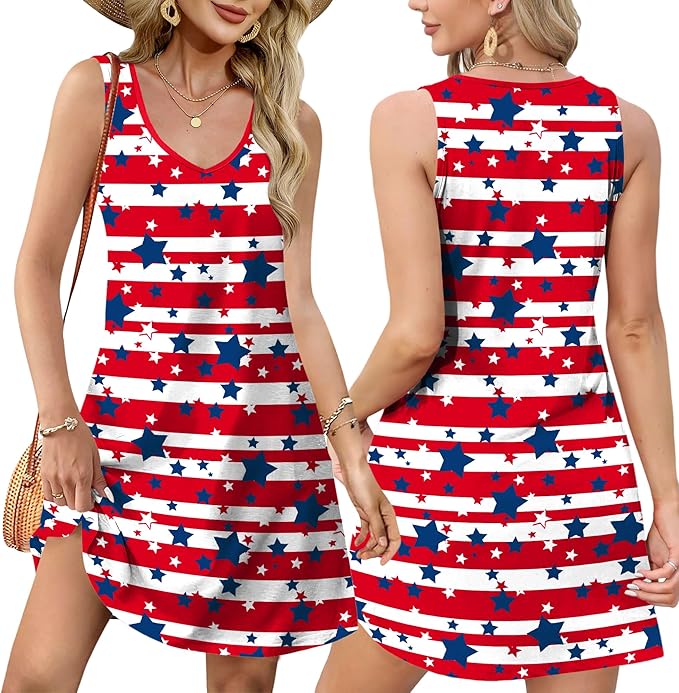 LHBNK 4th of July Dress for Women: American Flag Tank Dresses Star Striped Splicing Loose V Neck Sundresses