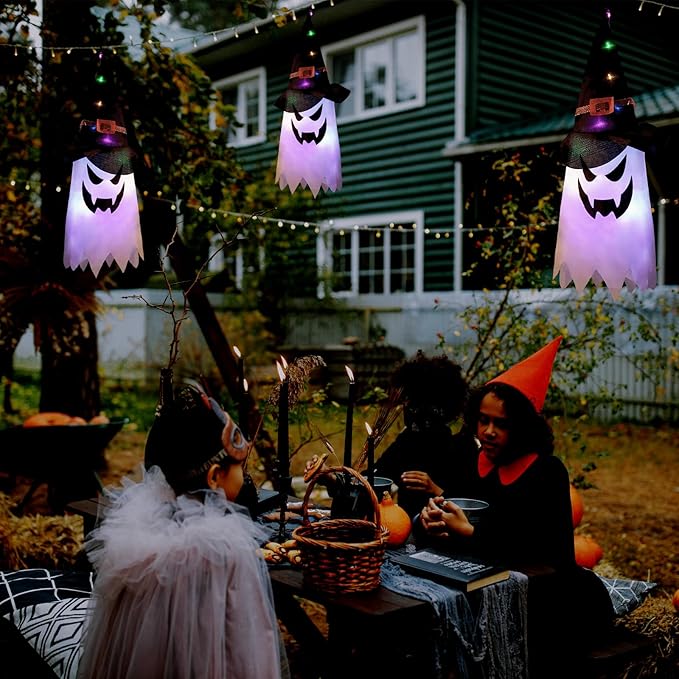 Halloween Decorations Outdoor 3Pcs Large Size Hanging Lighted Glowing Ghost Witch Hat Decor with Lights String for Party Indoor Outside Ornaments and Yard Tree Garden