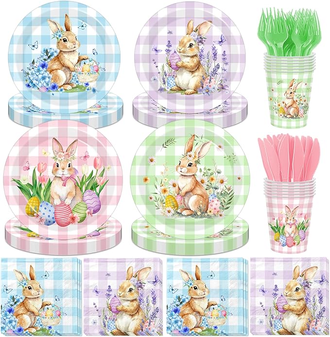 144Pcs Bunny Plates and Napkins - Colorful Gingham Spring Floral Rabbits Themed Dinnerware Set for Happy Easter Party Decorations