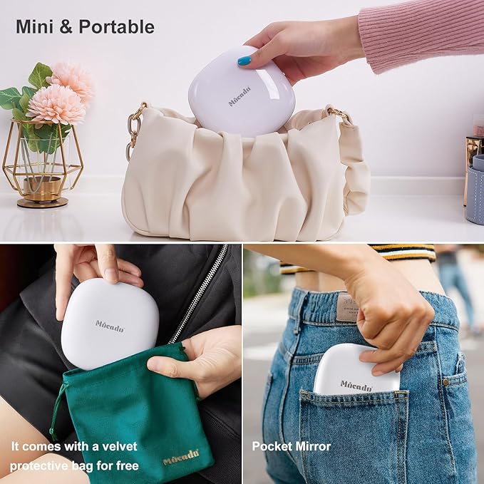 Mocado Compact LED Magnifying Travel Makeup-Mirror - 4 inches 1X/10X Magnification Small Hand Pocket Dimmable Double Sided USB Rechargeable Touch Screen, Portable Tabletop Cosmetic (White)