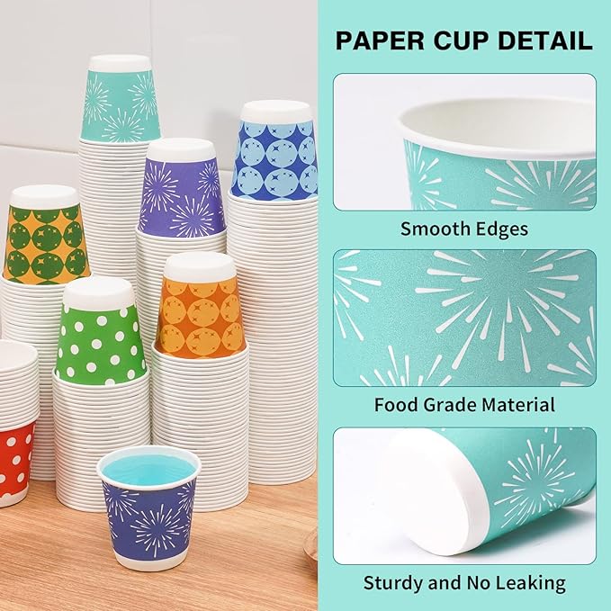 Tamone 600 Pack 3 oz Bathroom Cups, Small Paper Cups, Mini Disposable Cups Fireworks Design, Blue, Green Mouthwash Cups for Party, Picnic, BBQ, Travel, Home and Event