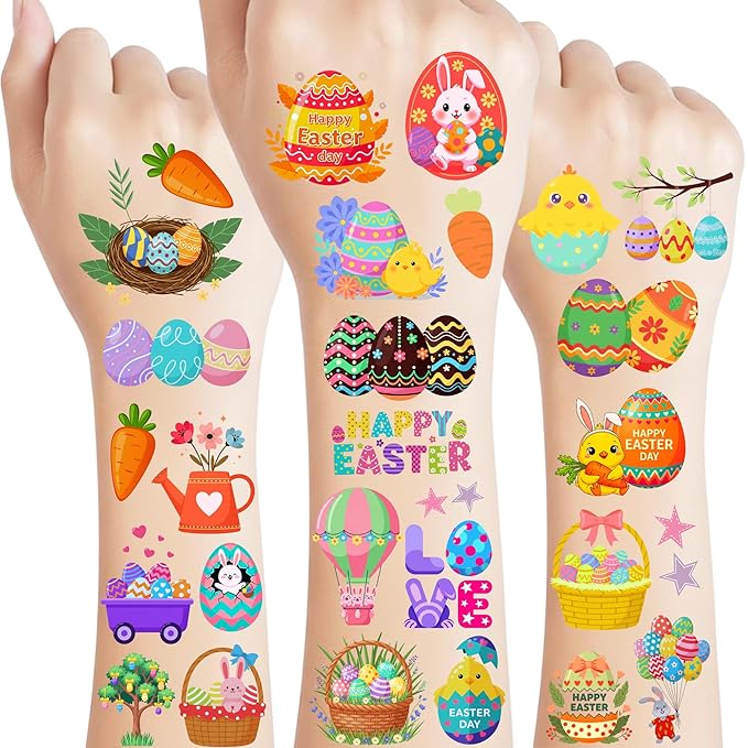 160PCS Easter Day Temporary Tattoos Stickers | Spring Easter Day Party Favors Basket Stuffers Party Supplies Holiday Decorations Eggs Bunny Flower Craft Gift Idea For Kids Boy Girl Teen Adult-8Sheets