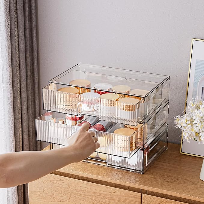 ZHIAI Stackable Storage Drawer, 3 Piece Acrylic Organiser for Cosmetics and Beauty Products, Suitable for Dressers, Bathrooms, Cabinets, Storage Rooms, Bedrooms and Home Organisers