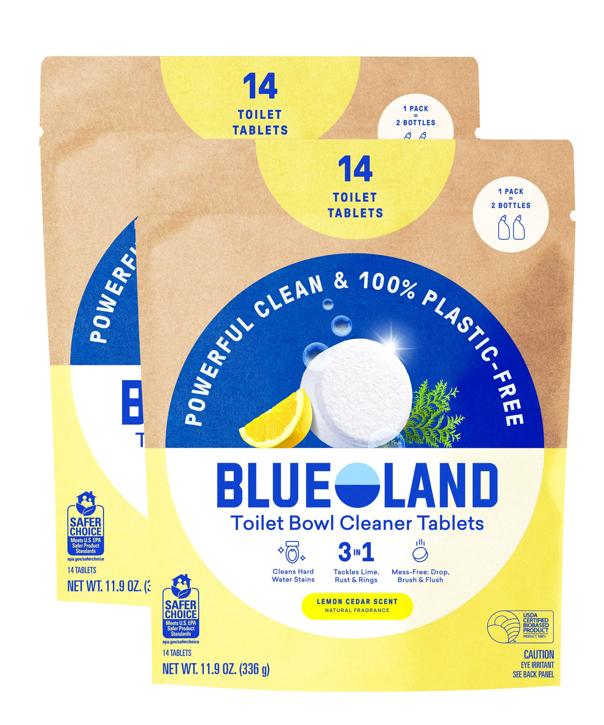 BLUELAND Toilet Bowl Cleaner Tablets, 14 Count (Pack of 2), Lemon Cedar, Plastic-Free, No Harsh Chemicals, Plant-Based, Septic-Safe, Removes Lime, Rust, Hard Water and Toilet Ring Stains