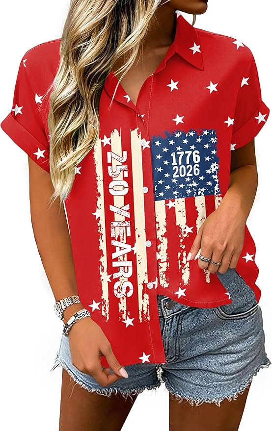 4th of July Shirts Women American Flag Patriotic Shirt Independence Day Short Sleeve Button Down Outfits