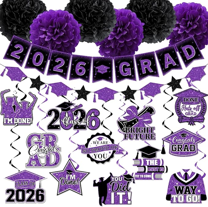 Purple Graduation Decorations, 2026 Grad Banner and Congrats Grad Hanging Swirls, Purple and Black Graduation Banner Graduations Hanging Swirls College Graduations Party Decoration Class of 2026