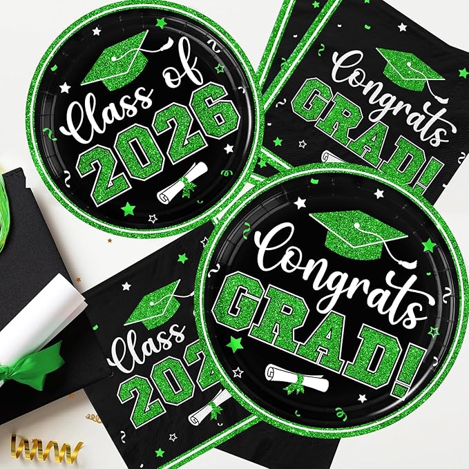Black and Green Graduation Decorations,200Pcs Black and Green Graduation Plates and Napkins Congrats Grad Class Of 2026 Plates for Graduatio Party Supplies ,Serve 50