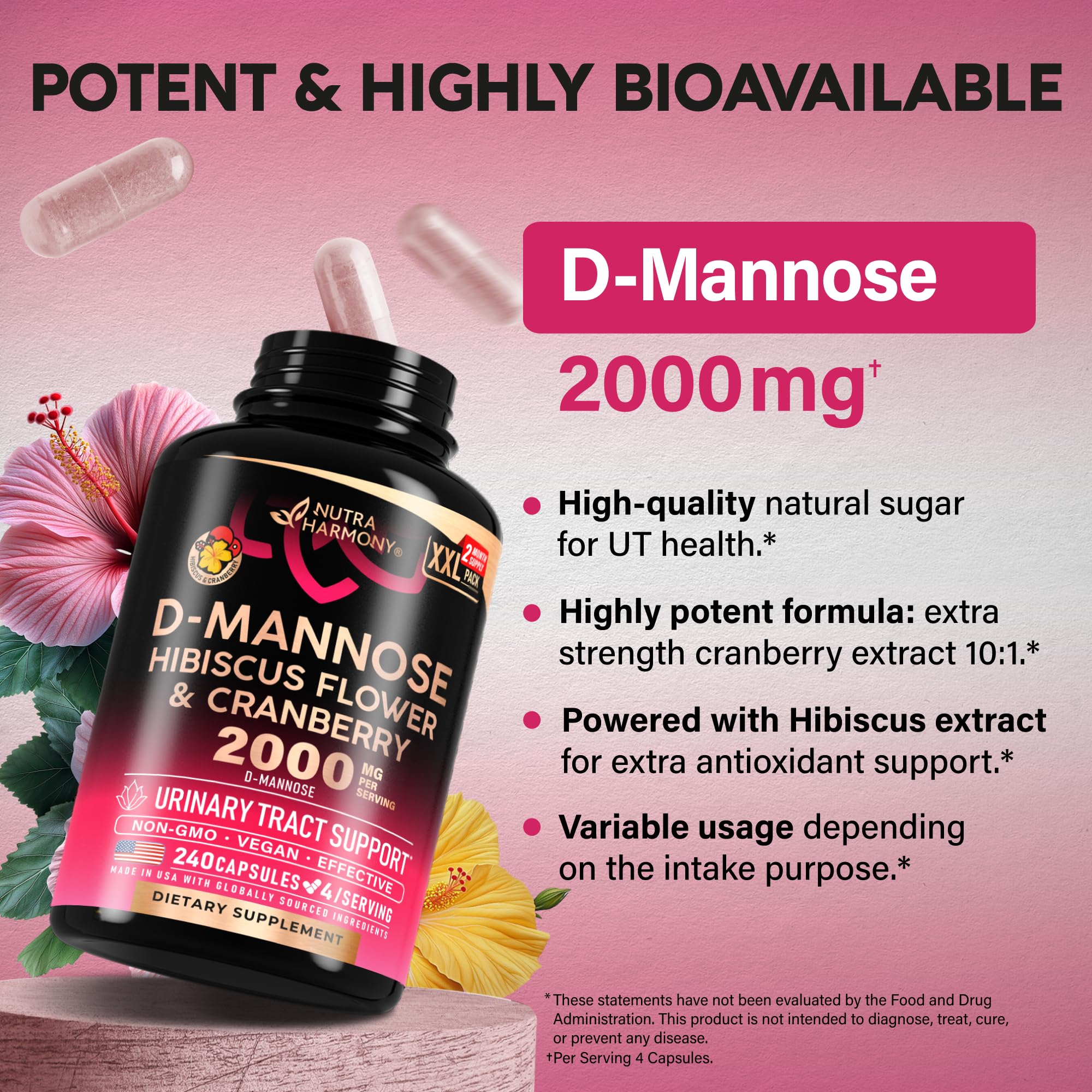 D-Mannose 2000mg with Cranberry & Hibiscus - Clinically Tested Strength for Urinary Tract Health - Supplement for Women - Bladder, Liver & Microflora Support - Lab Tested - Vegan, 240 Capsules