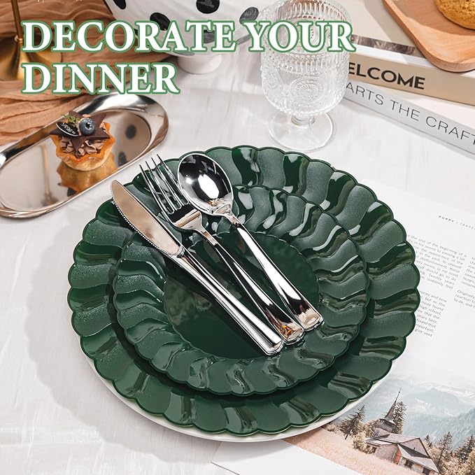 Lullaby 60PCS Green Scalloped Plastic Plates, Disposable Elegant Party Plates Include 30pcs Dinner Plate 10.25", 30pcs Plastic Dessert Plate 7.5", Perfect for Wedding and Party