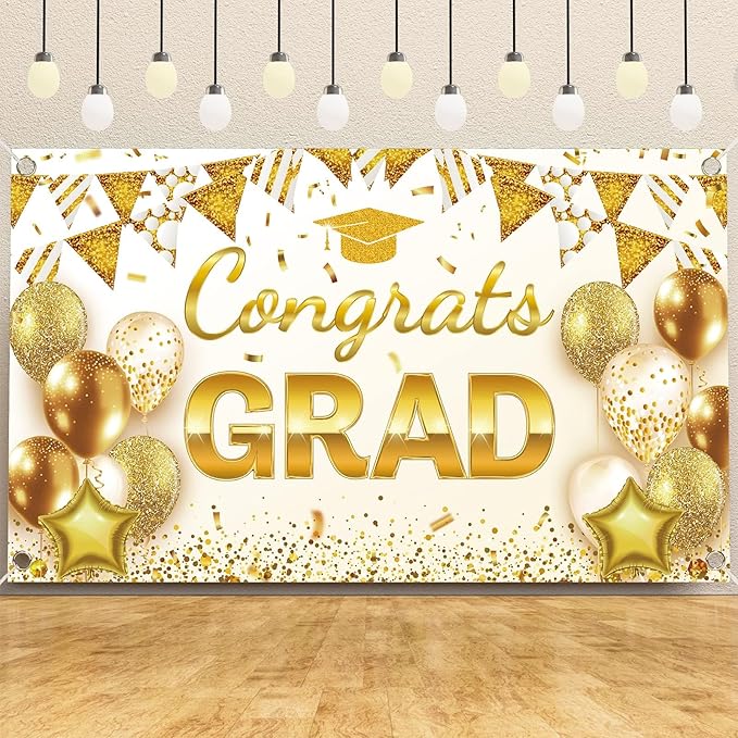 Ecomore 2026 Graduation Decorations - 245 PCS Grad Disposable Dinnerware(Serve 25) & Graduation Party Supplies With Congrats Paper Plate Cup Napkin Cutlery Tablecloth Backdrop Balloon Kit - White Gold