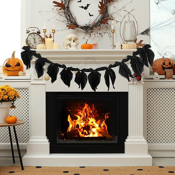 VitalCozy 1 Pcs Black Bow Garland Banner, Halloween Satin Ribbon Hanging Party Bow Garland Decoration for Birthday Wedding Halloween Party Supplies