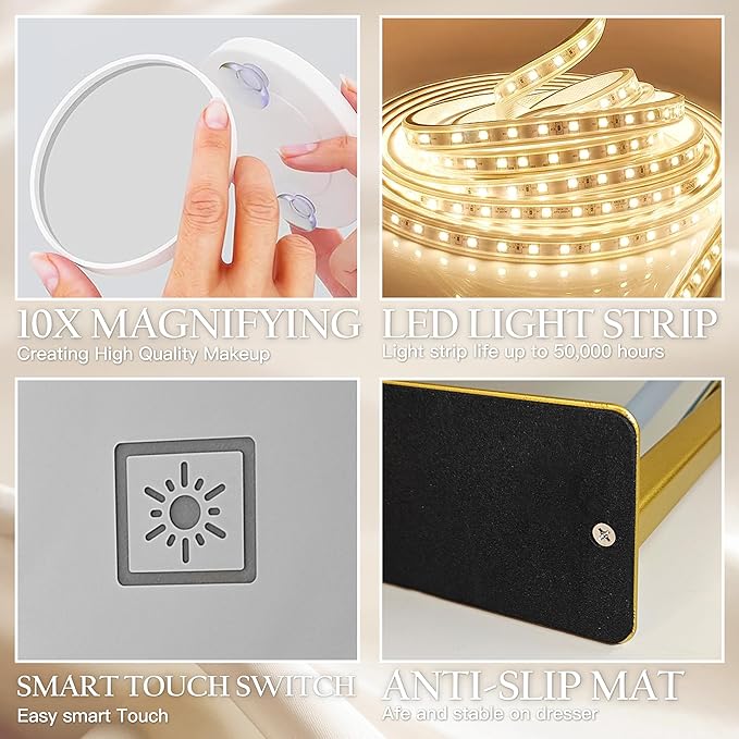 Gold Vanity Mirror with Lights 14x11 Inch, Lighted Makeup Mirror, Smart Touch 3 Colors Dimmable, 10X Magnification, Dresser Mount, Modern Style