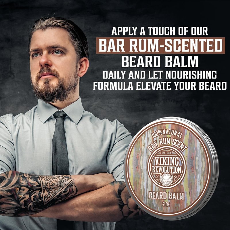 Viking Revolution Bay Rum Beard Balm - Beard Butter with Argan Oil & Jojoba Oil - Softener, Moisturizer & Wax for Men (2oz, 1 Pack)