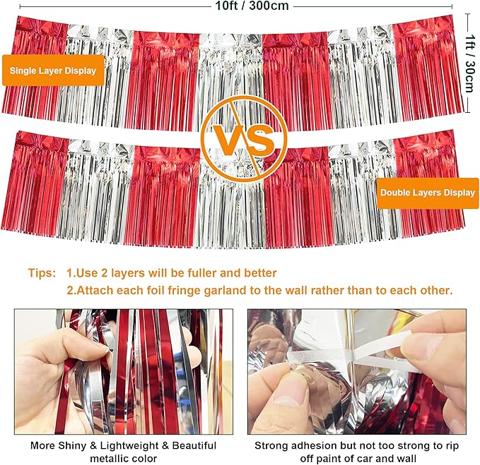 4 Pack 10 Feet Red Silver Foil Fringe Garland Metallic Tinsel Streamers Banner Fringe Curtain Banner for Parade Floats Wedding Graduation Homecoming Carnival Birthday Party Decorations (Red Silver)…