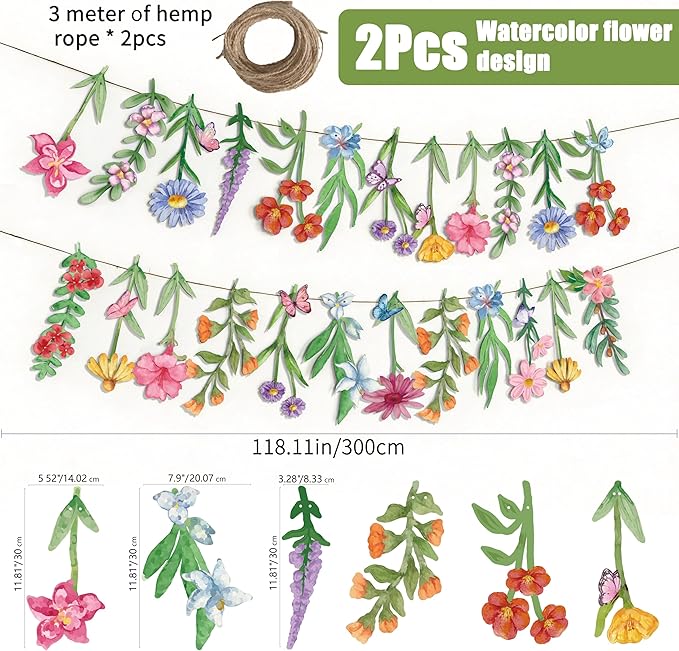 2Pcs Spring Wildflower Party Hanging Decorations, Watercolor Floral Banners Spring Wildflower Cutouts Garland Backdrop for Spring Summer Girls Garden Birthday Wedding Party Decor Supplies, 9.8Ft