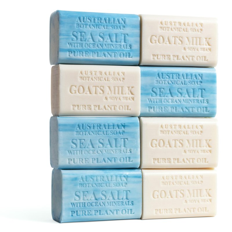 Australian Botanical Soap Men's Body & Beard Bar Duo Pack – Goats Milk & Sea Salt with Ocean Minerals, Triple Milled 6.6 oz Bars, 8 Pack - 4 Bars of Each