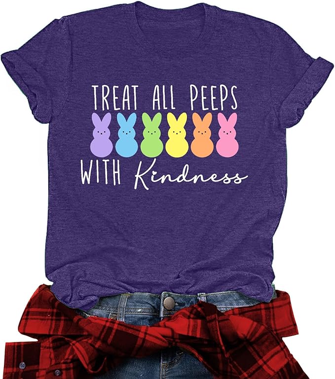 LAZYCHILD Women Easter Teacher Shirts: Funny Treat All with Kindness T-Shirt Bunny Rabbit Tee Tops