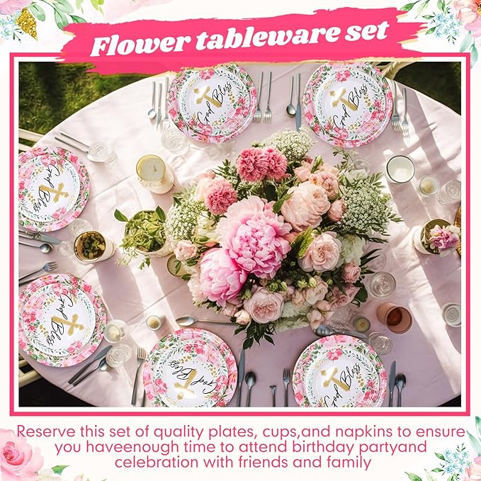 Pickmesh 250 Pcs Pink Baptism Cross Disposable Tableware Set First Holy Communion Baptism Disposable Paper Plates Napkins Cups for Christening Celebration Baby Shower Girl Religious Supplies, Serve 50