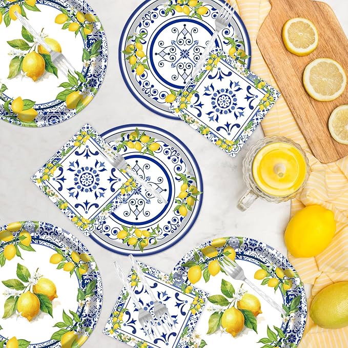 Rakuto Lemon Party Plates Supplies - 96PCS Lemon Party Decorations Supplies Tiles Yellow Lemon Party Paper Plates Napkins Fork Tableware Summer Fruit Lemon Decor Disposable Party Dinnerware(24 Guests)