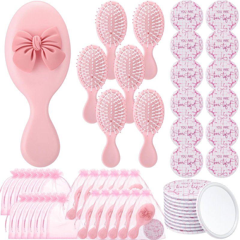Wonderjune 36 Set Pink Bow Party Favors Women Coquette Compact Mirrors with Mini Hair Brush Organza Bag Inspirational Coquette Aesthetic Preppy Gifts for Sleepover Birthday Bow Themed Party Favors