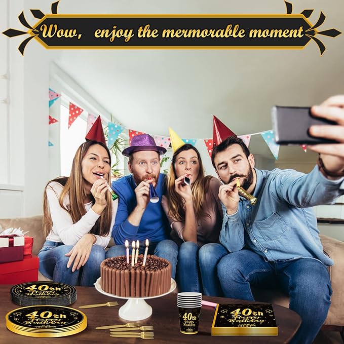120Pcs 40th Birthday Party Supplies Plates Napkins Cups Forks Tableware Set Gold Black Happy 40th Birthday Themed Disposable Tableware Decoration Serves 24 Guests for Women and Men