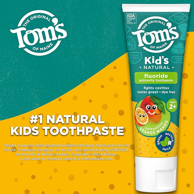 Tom's of Maine Kids Natural Toothpaste with Fluoride for Ages 2+, ADA Approved, Outrageous Orange Mango, 5.1 ounces (3 Pack)