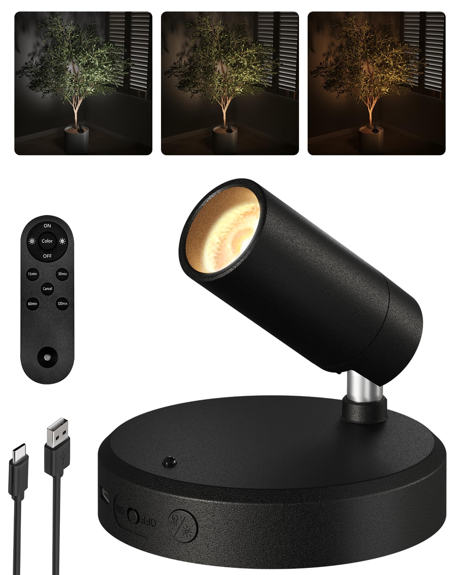 EZVALO Wireless LED Spotlights Indoor, 5500mAh Rechargeable Battery-Powered Plant Spotlights, Dimmable & Timer, 3-CCT Small Up Lights with Remote, Accent Uplighting for Artwork, Trees (Black)