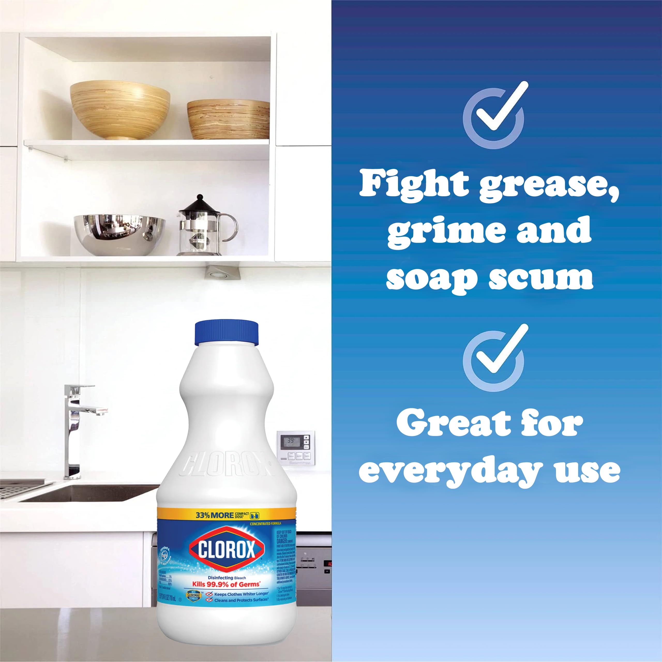 Clorox Regular Disinfecting Bleach Cleaner, 2 Pack Concentrated Liquid Bleach, Removes Mold, Mildew and Stains, Whitens, for Multi Purpose Cleaning and Laundry, 24 oz Bottles