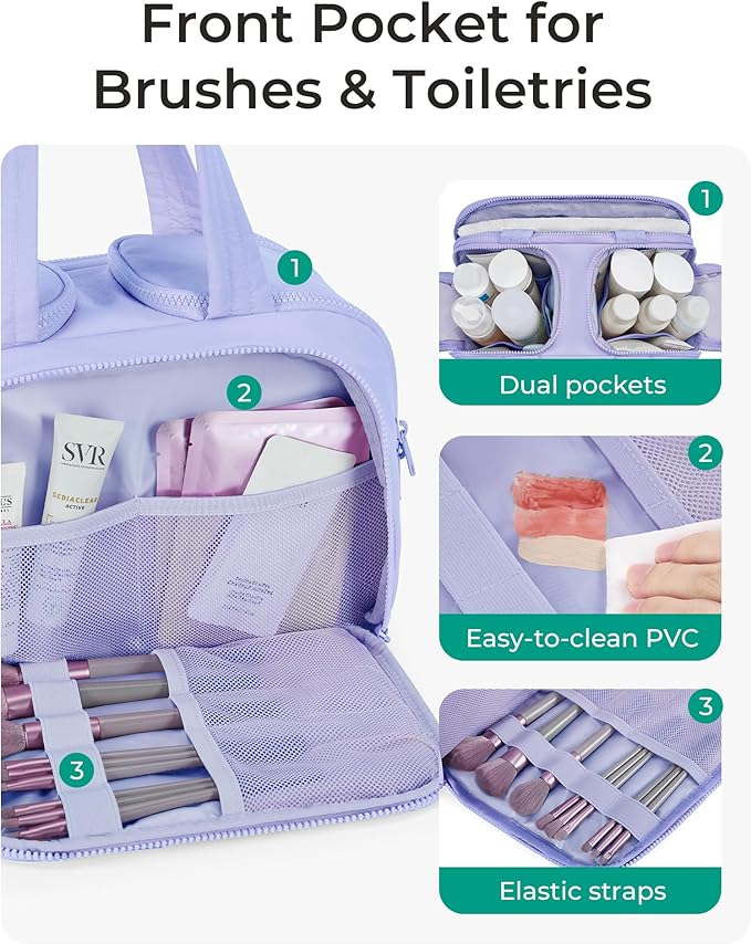BAGSMART Travel Toiletry Bag, Crush Toiletry Bag for Women, Wide-open Puffy Toiletry Bags for Traveling, Large Travel Cosmetic Makeup Bag Organizer for Accessories,Toiletrie, Purple